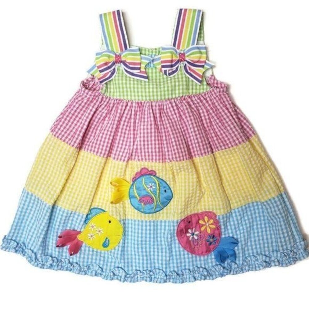 Rare Editions Infant Dress 12M Multicolor Gingham Fish Appliques & Bow Details